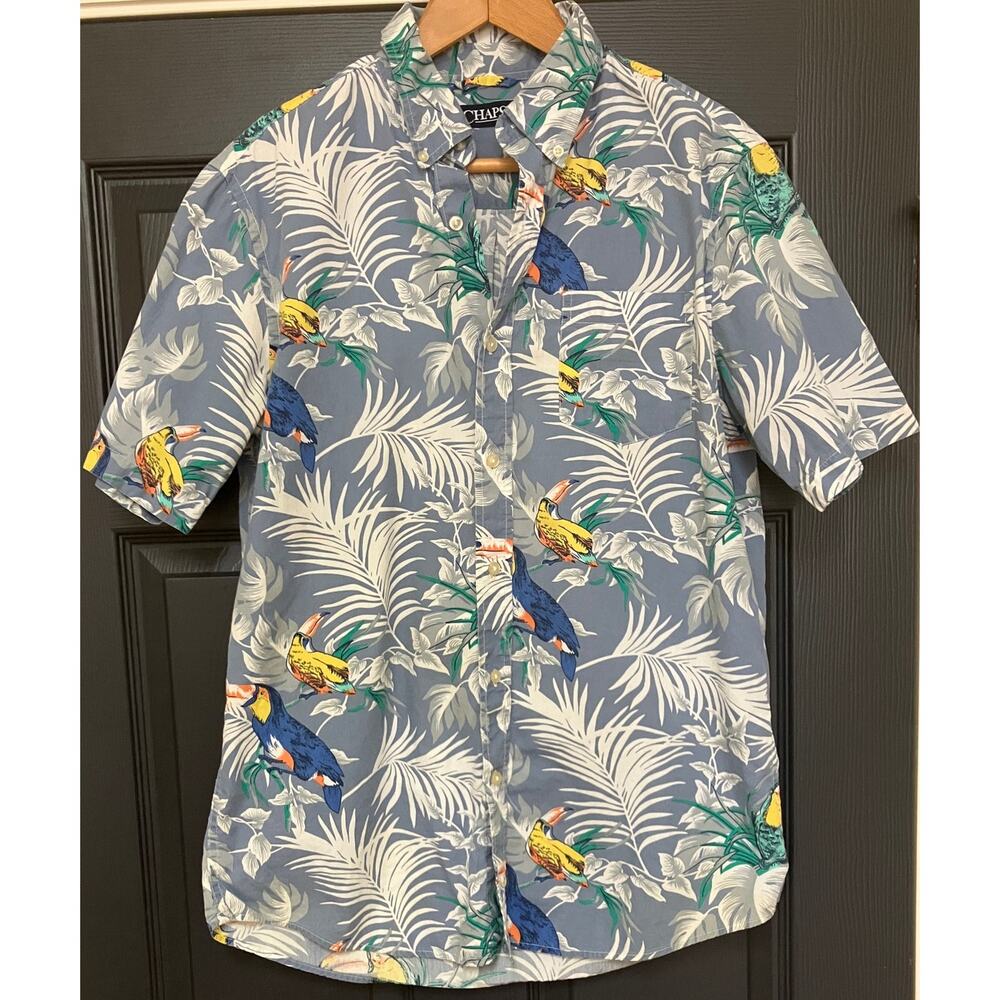 Chaps Tropical Toucan Print Shirt Sz‎ M Blue Hawaiian Button Front Cotton Casual